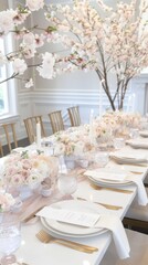 Obraz premium A beautifully set table with white linens, gold cutlery, and pink floral centerpieces. The table is decorated with a delicate cherry blossom branch.