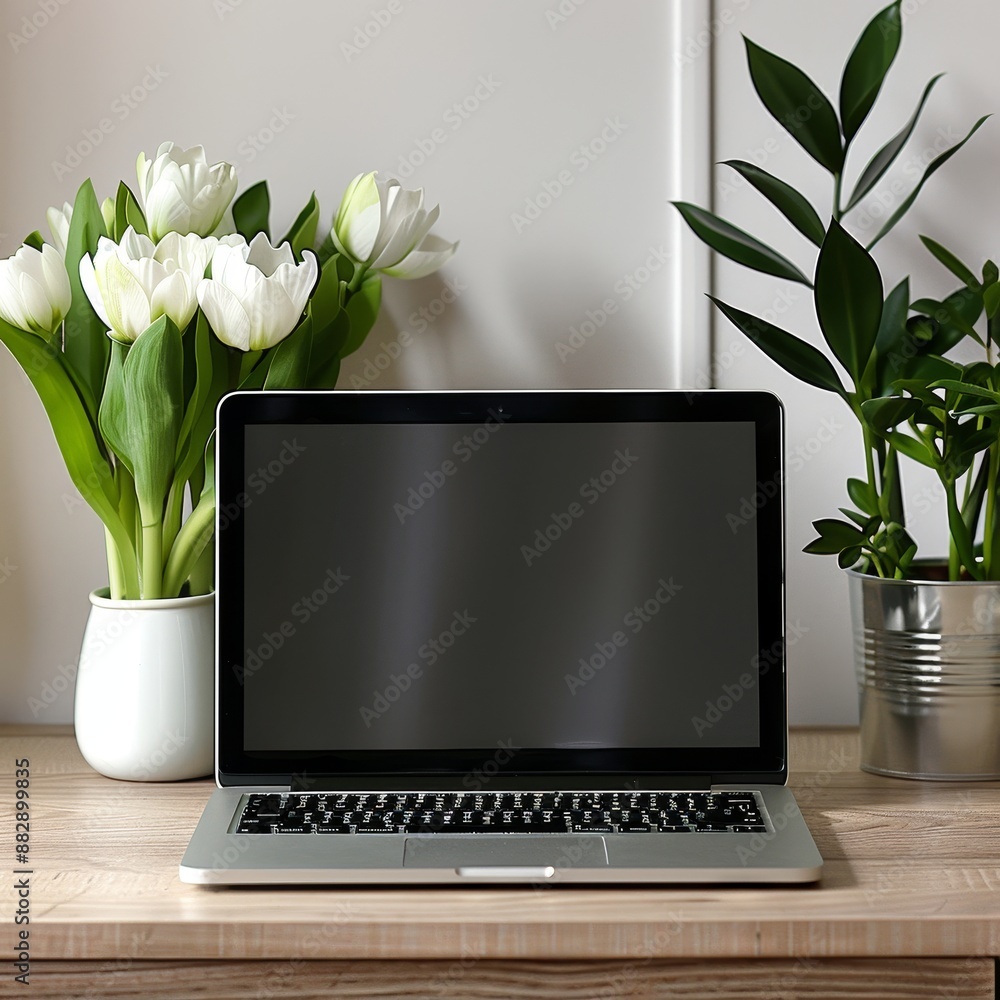 Poster minimalist laptop setup on wooden table with blank wall background and open document on screen