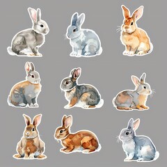 Fototapeta premium Watercolor bunny stickers perfect for scrapbooking, journaling, and enhancing your stationery collection