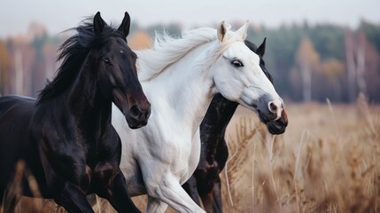 Two beautiful English horses running next each other in the field, one is pure black with a white line, other is pure white with a black line, wee see only their head, their eyes are ultra detailed, T