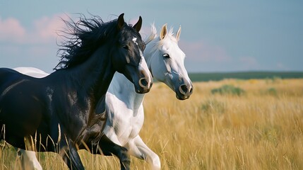 Fototapeta premium Two beautiful English horses running next each other in the field, one is pure black with a white line, other is pure white with a black line, wee see only their head, their eyes are ultra detailed, T