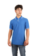 Fototapeta premium Youth man wearing blank collared t-shirt on white background, closeup. Blue color polo tshirt. Mockup for design tee, polo t-shirt mockup, isolated background.