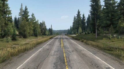A long, straight road cuts through a dense forest of tall evergreen trees on a sunny day. The road is lined with grass and the trees create a canopy overhead