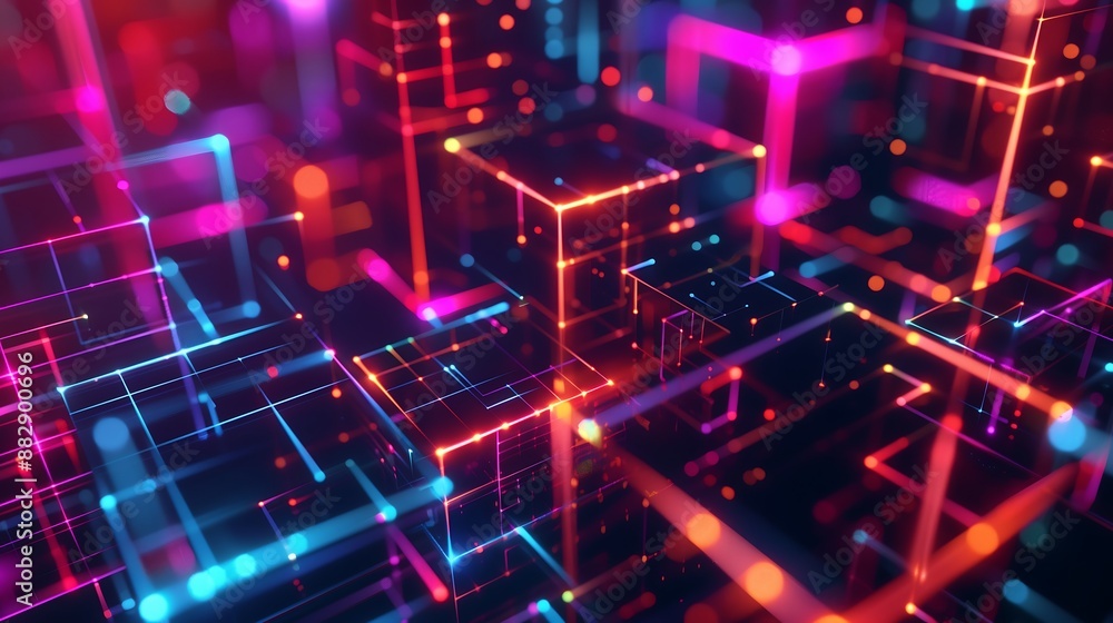 Poster 3d cube background with glow lines
