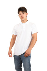 Fototapeta premium Youth man wearing blank collared t-shirt on white background, closeup. White color polo tshirt. Mockup for design tee, polo t-shirt mockup, isolated background.