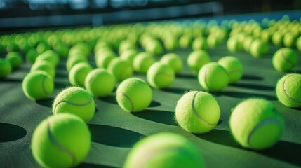 A Rows of Tennis Balls on a Green Court