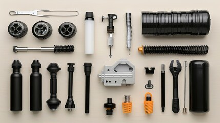 A variety of travel gear and accessories are arranged in a flat lay on a light gray background