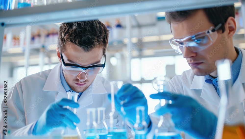 Poster two scientists are conducting experiments in a lab, using beakers and test tubes
