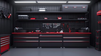 A bright and spacious garage workshop with various tools hanging on the wall and organized in cabinets