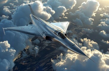 Fototapeta premium A photorealistic cinematic shot of the advanced aircraft skillfully soaring through clouds