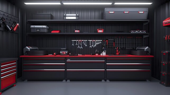 A bright and spacious garage workshop with various tools hanging on the wall and organized in cabinets