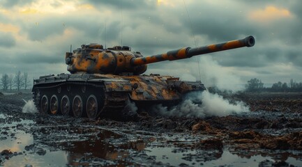 A tank driving through water, with splashing around it, war photography, high contrast, detailed close-up of the tank's track wheels and front weapon.