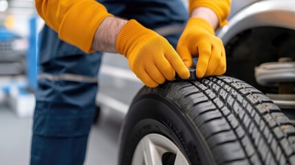 Fototapeta premium A person's hand inspecting a car tire, with the car's body and a blurry background of greenery visible