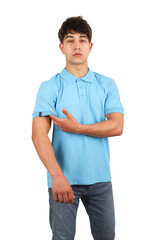 Youth man wearing blank collared t-shirt on white background, closeup. Light blue or baby blue color polo tshirt. Mockup for design tee, polo t-shirt mockup, isolated background.