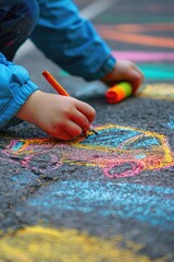 Obraz premium a child draws with chalk on the asphalt. Selective focus