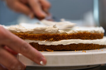 view of making cake with bread and cream