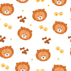 Vector seamless pattern with cute cartoon lions,paws,animal snack and hearts.
