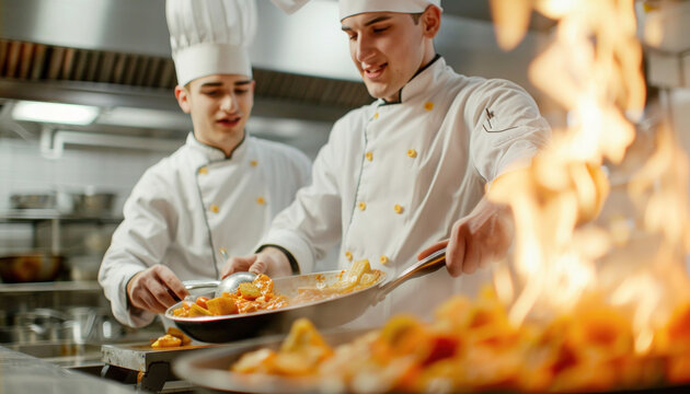 In a restaurant kitchen, two chefs are busy preparing and cooking delicious meals