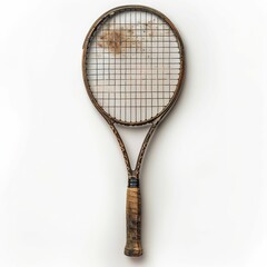 Vintage Wooden Tennis Racket with Worn Strings and Handle on White Background