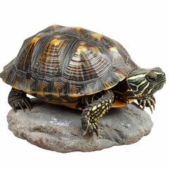 Obraz premium Close-up of a Colorful Turtle Resting on a Rock Isolated on White Background