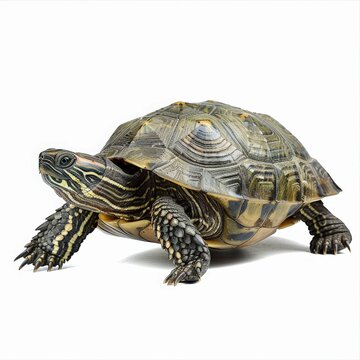 Close-Up of a Turtle with Detailed Shell Patterns on a White Background