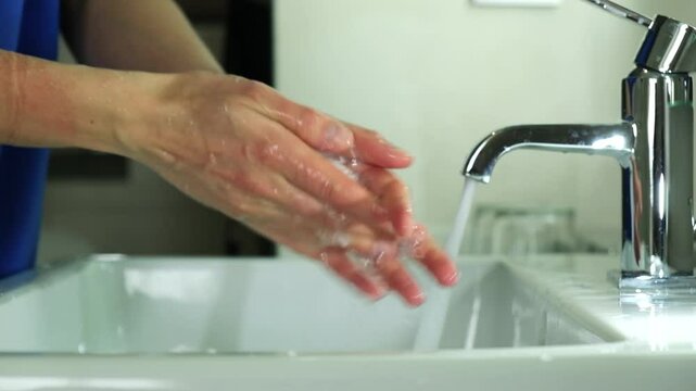 A man in a blue medical suit washes hands. It soap with soap and carefully cleanses under the dda under the tap. Covid, Epivate. High quality FullHD footage