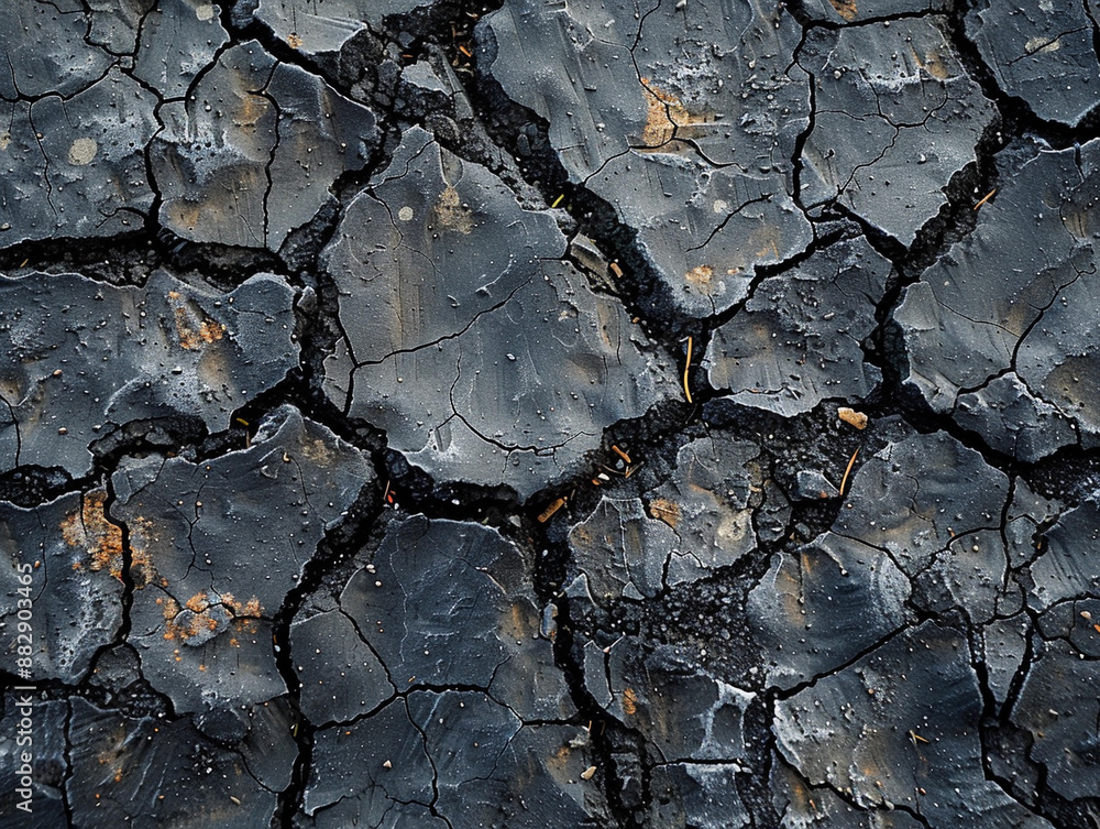 Poster close-up of cracked black soil with rust stains in an open field