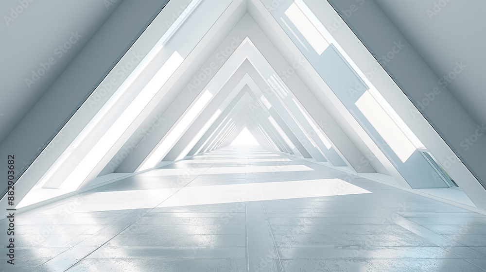 Poster abstract 3d render of modern white sci-fi triangle tunnel with empty long light corridor