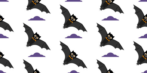 Fototapeta premium Seamless pattern with bats and purple cloud for Halloween design. Simple Halloween horizontal ornament. Scary cute bats in cartoon style. Isolated pattern on changeable white background.
