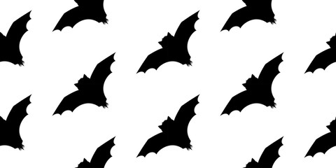 Seamless pattern with black bats for Halloween design. Simple Halloween horizontal slanted ornament. Scary silhouette bats in cartoon style. Isolated pattern on changeable white background.