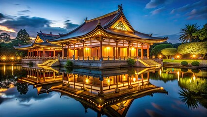 Fototapeta premium Buddhist temple illuminated at night with tranquil ambiance , night, peaceful, religious, architecture, traditional