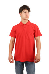 Fototapeta premium Youth man wearing blank collared t-shirt on white background, closeup. Red color polo tshirt. Mockup for design tee, polo t-shirt mockup, isolated background.