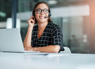 Laptop, thinking and happy woman in call center for customer support, service and help desk. Telemarketing, contact us and consultant with idea for advice, solution or agent problem solving in office