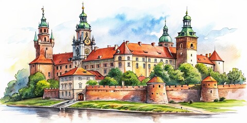 Obraz premium Color pencil style sketch of Wawel Royal Castle complex in Krakow, Poland, architecture, historical, landmark