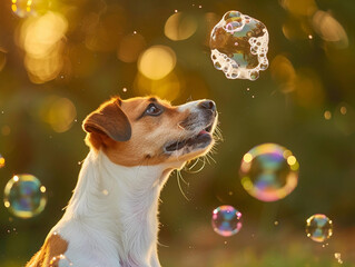 A Jack Russell Terrier Dog Watches Bubbles Float in the Air at Sunset