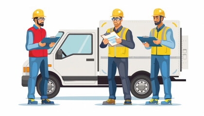 Three construction workers are standing in front of a white van, wearing workwear and helmets
