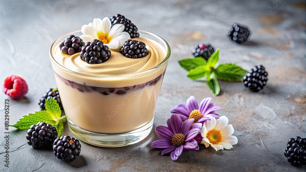 Wall mural Coffee cream with black berries and flower, coffee, cream, blackberries, flower, drink, beverage, dessert, sweet