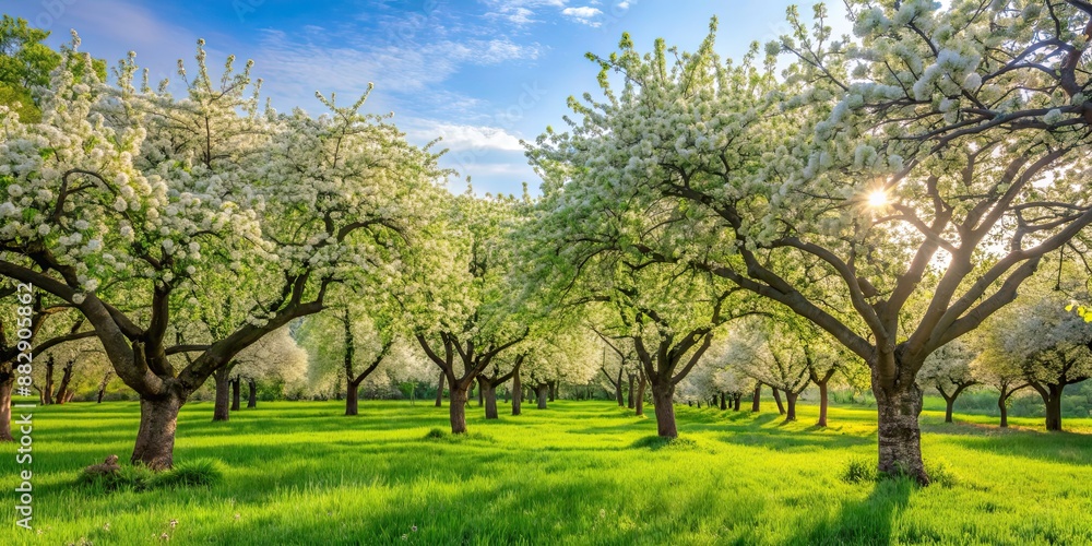 Sticker Blooming apple trees surrounded by lush greenery in a garden, apple tree, blossoms, flowers, nature, garden, springtime