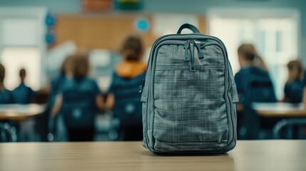 A grey plaid backpack sits on a wooden desk in a classroom. Blurred figures of students can be seen in the background