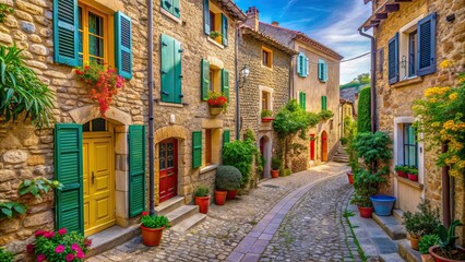 Obraz premium Charming Proven?al village with traditional stone buildings, colorful shutters