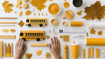 A flat lay showcasing a yellow school bus toy, fall leaves, pencils, pine cones, and other autumnal decor