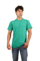 Fototapeta premium Youth man wearing blank t-shirt on white background, mockup tee closeup. Green color tshirt. Mockup for design, isolated background.