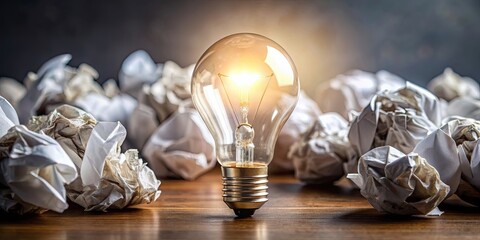 Close up of crushed paper balls and shattered light bulb symbolizing development