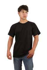 Obraz premium Youth man wearing blank t-shirt on white background, mockup tee closeup. Black color tshirt. Mockup for design, isolated background.