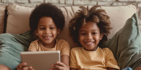 Children enjoying leisurely time at home, bonding over a digital tablet, fostering togetherness and modern learning.