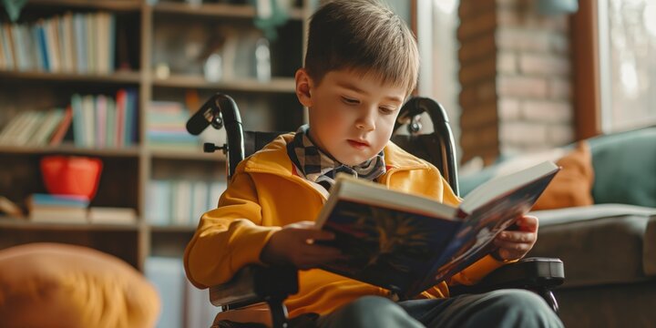 A cute boy in a wheelchair reads a book, studying happily indoors at home.