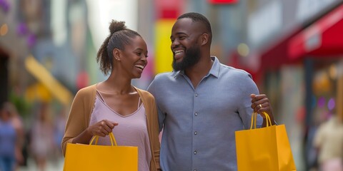 A joyful couple enjoying shopping together, smiling and walking through city streets with their bags.