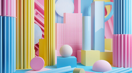 Obraz premium Colorful 3D Render Scene, Pink Blue Yellow Geometric Shape 