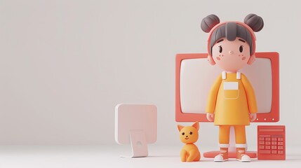 Fototapeta premium 3D Cartoon Girl With Computer and Cat