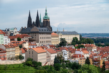 Obraz premium Cityscape view of Prague castle and Mala strana historic district, view from the Strahov monastery, in Prague capital of Czech republic